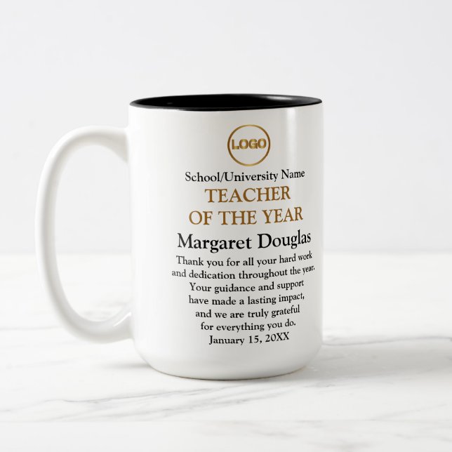 Teacher of the Year Custom Appreciation Message Two-Tone Coffee Mug (Left)