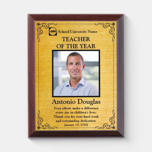Teacher of the Year Custom Photo  gold  black Award Plaque