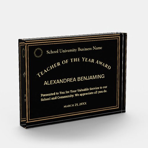 Teacher of the Year Employee Logo Gold Custom Acrylic Award