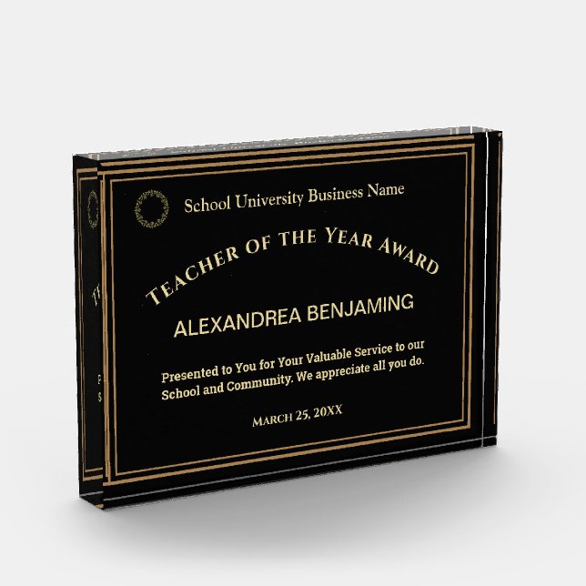 Teacher of the Year Employee Logo Gold Custom Acrylic Award (Left)