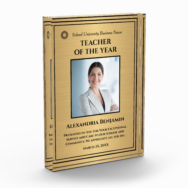 Teacher of the Year Gold Award Logo Personalize  Photo Block (Left)