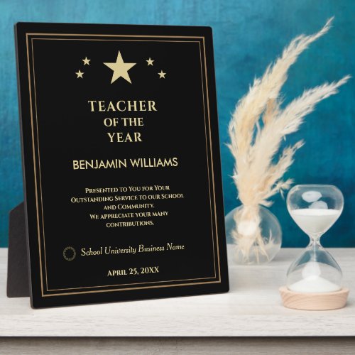 Teacher of the Year Gold Stars Logo Personalize  Plaque