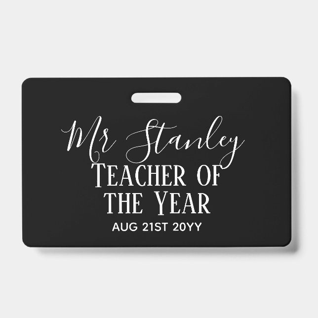 Teacher of the Year Personalized Modern Text Gift Badge (Front)