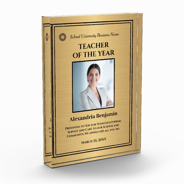 Teacher of the Year Photo Logo Gold Personalize   Acrylic Award (Left)