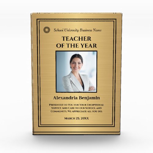 Teacher of the Year Photo Logo Gold Personalize   Acrylic Award