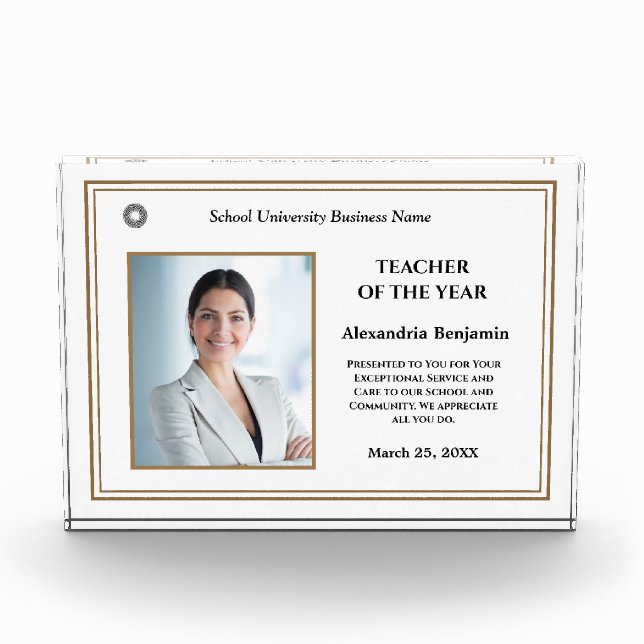 Teacher of the Year Photo Logo Gold Personalize   Acrylic Award (Front)