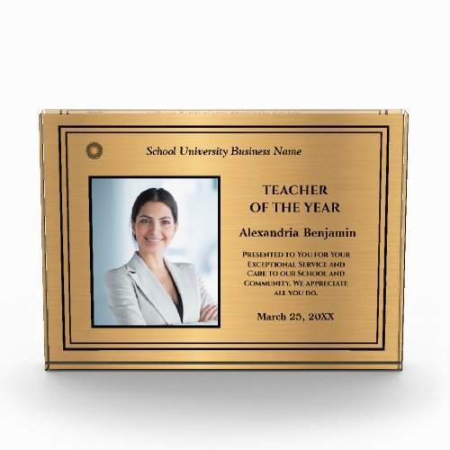 Teacher of the Year Photo Logo Gold Personalize   Acrylic Award