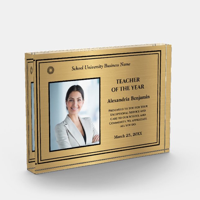 Teacher of the Year Photo Logo Gold Personalize   Acrylic Award (Left)