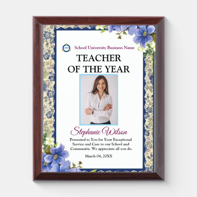 Teacher of the Year Photo Logo Gold Personalize Aw Award Plaque (Vertical)