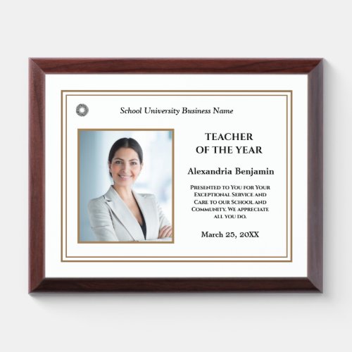 Teacher of the Year Photo Logo Gold Personalize  Award Plaque