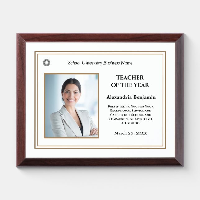 Teacher of the Year Photo Logo Gold Personalize  Award Plaque (Horizontal)