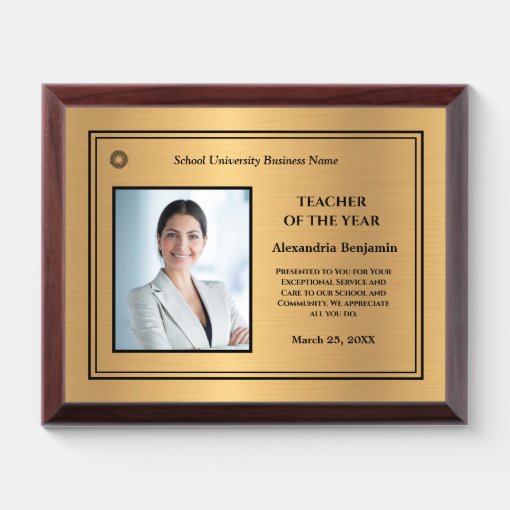 Teacher of the Year Photo Logo Gold Personalize Award Plaque | Zazzle