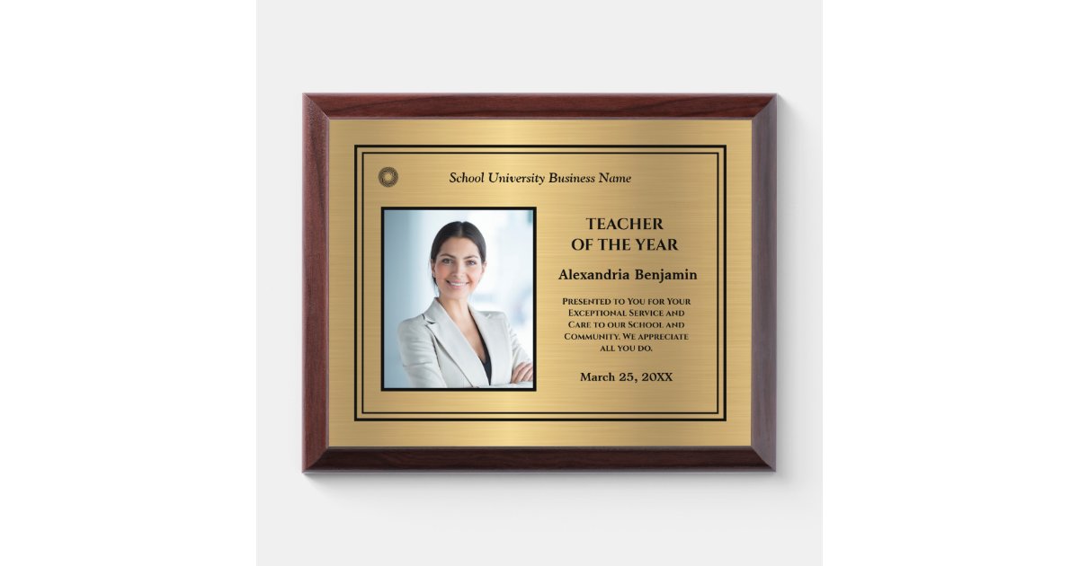 Teacher of the Year Photo Logo Gold Personalize Award Plaque