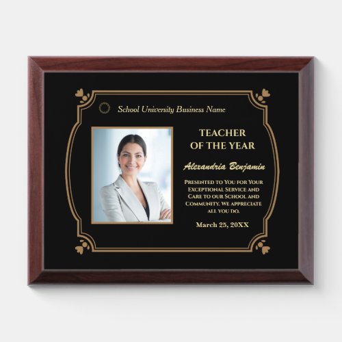Teacher of the Year Photo Logo Gold Personalize Award Plaque