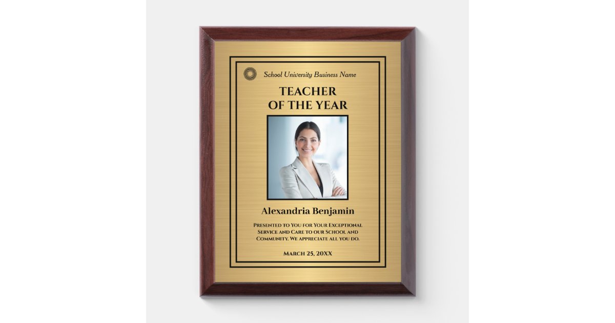 Teacher of the Year Photo Logo Gold Personalize Award Plaque Zazzle