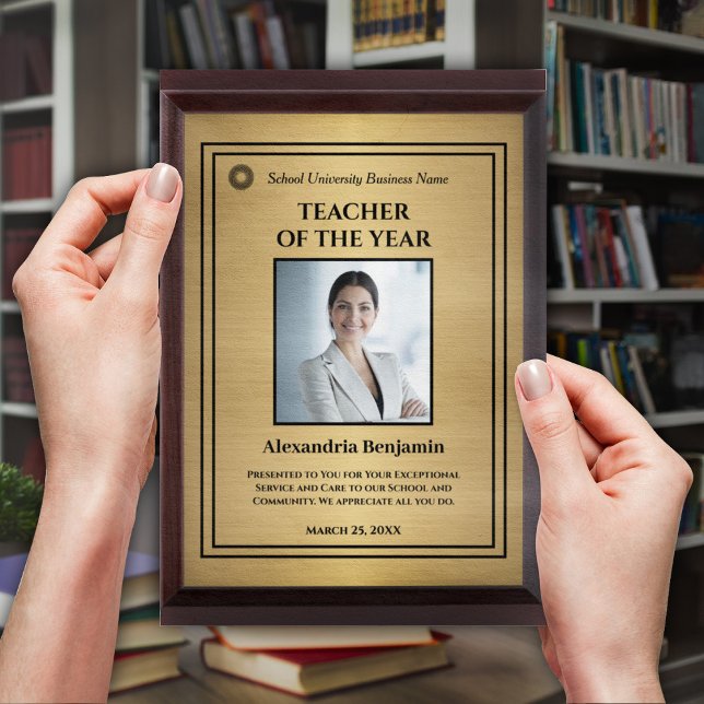 Teacher of the Year Photo Logo Gold Personalize   Award Plaque (Creator Uploaded)