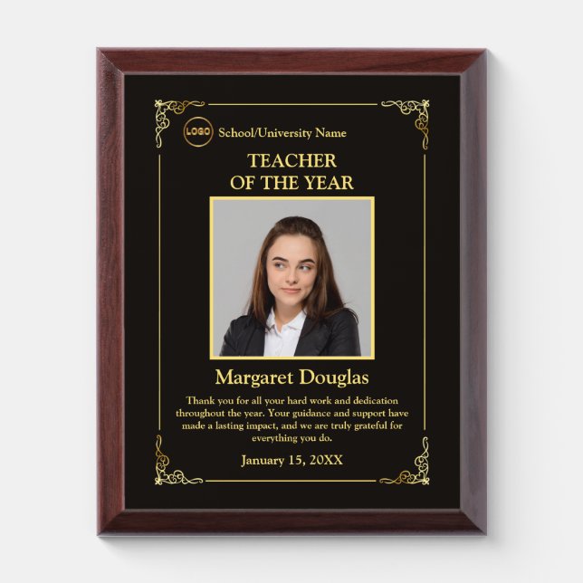 Teacher of the Year Photo & Message | Gold & Black Award Plaque (Vertical)