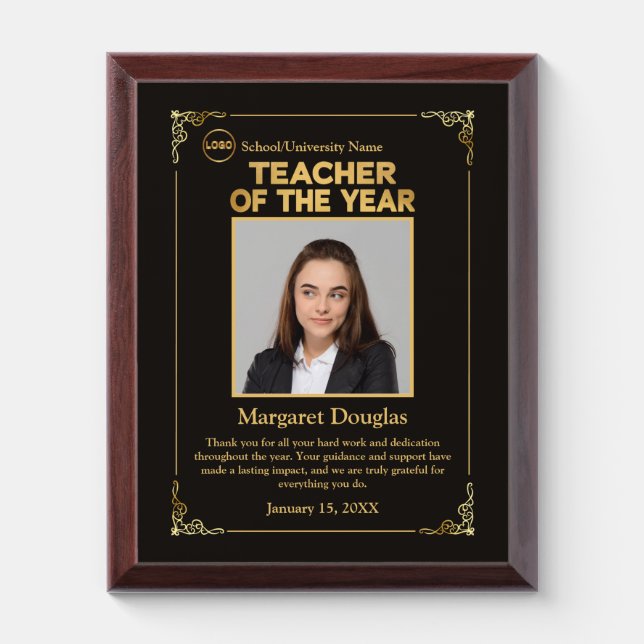 Teacher of the Year Photo & Message | Gold & Black Award Plaque (Vertical)