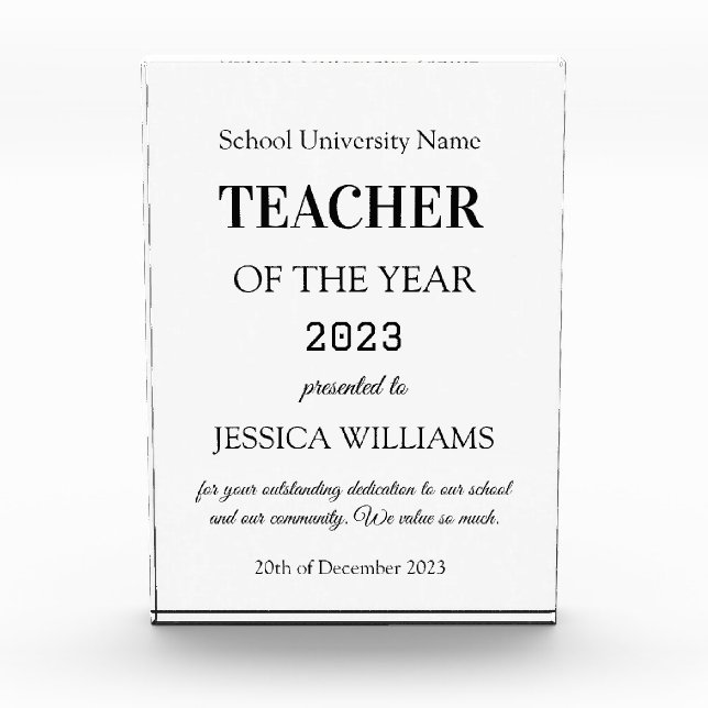 Teacher of the Year Teaching Education School  Acrylic Award (Front)