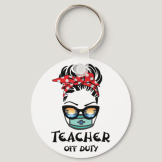 Teacher Off Duty Messy Bun Beach Sunset Teacher Keychain