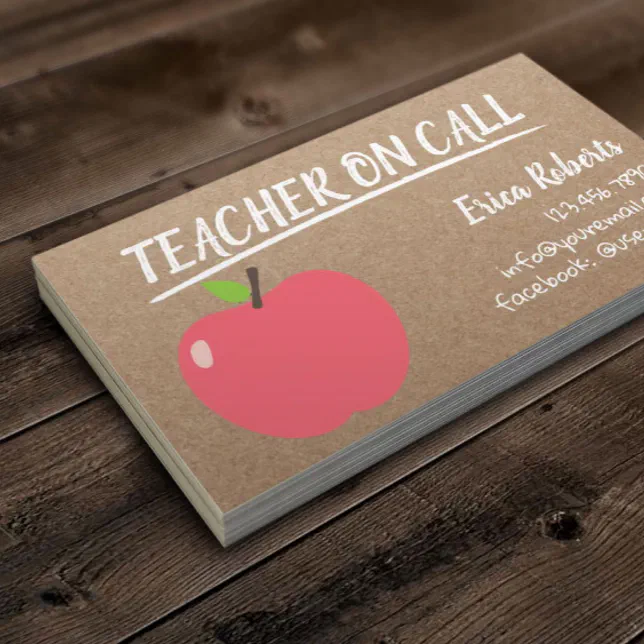 Teacher on Call Cute Apple Rustic Kraft Business Card | Zazzle