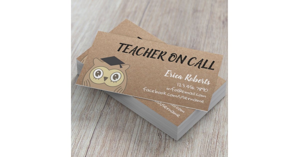 Teacher on Call Cute OWL Rustic Kraft Business Card | Zazzle