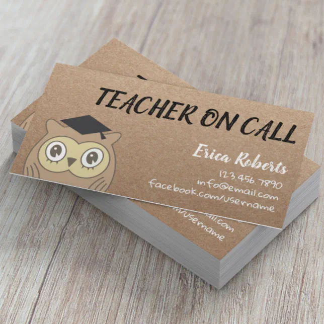 Teacher on Call Cute OWL Rustic Kraft Business Card | Zazzle