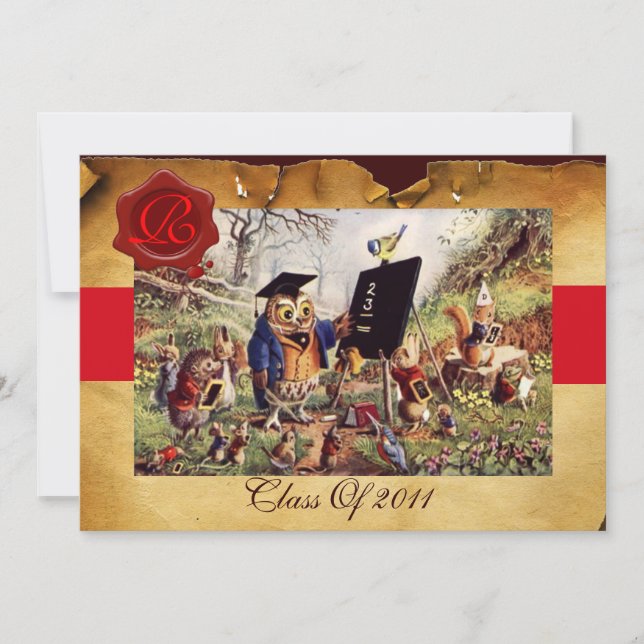 TEACHER OWL GRADUATION PARCHMENT WAX SEAL MONOGRAM INVITATION (Front)