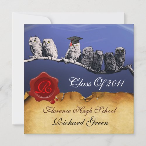 TEACHER OWL GRADUATION PARCHMENT WAX SEAL MONOGRAM INVITATION