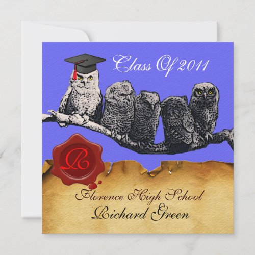 TEACHER OWL GRADUATION PARCHMENT WAX SEAL MONOGRAM INVITATION