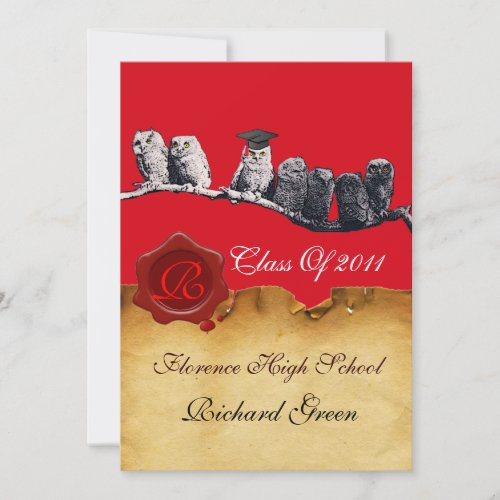 TEACHER OWL GRADUATION PARCHMENT WAX SEAL MONOGRAM INVITATION