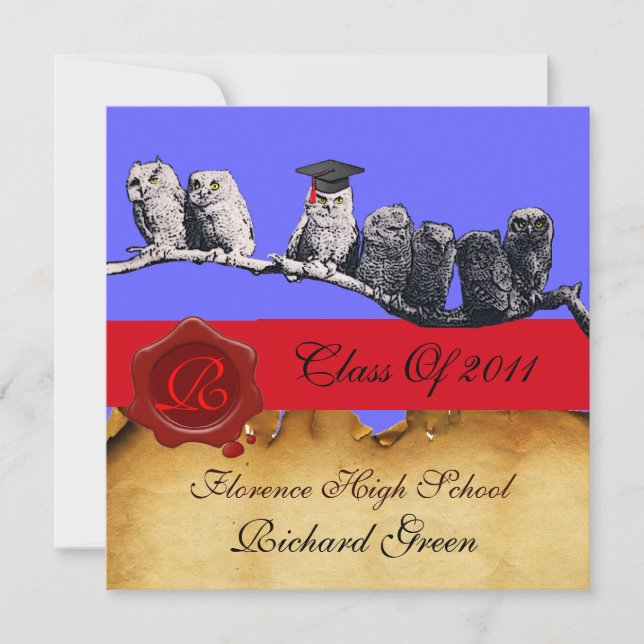 TEACHER OWL GRADUATION PARCHMENT WAX SEAL MONOGRAM INVITATION (Front)