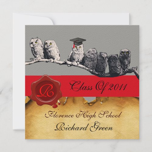 TEACHER OWL GRADUATION PARCHMENT WAX SEAL MONOGRAM INVITATION