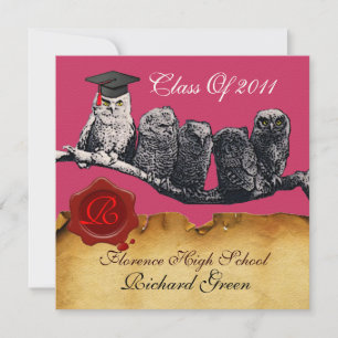 TEACHER OWL GRADUATION PARCHMENT WAX SEAL MONOGRAM INVITATION