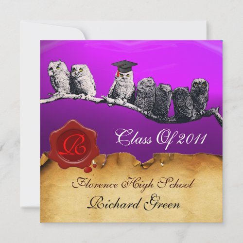 TEACHER OWL GRADUATION PARCHMENT WAX SEAL MONOGRAM INVITATION