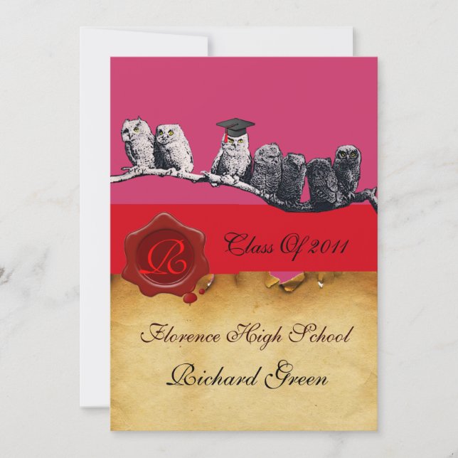 TEACHER OWL GRADUATION PARCHMENT WAX SEAL MONOGRAM INVITATION (Front)
