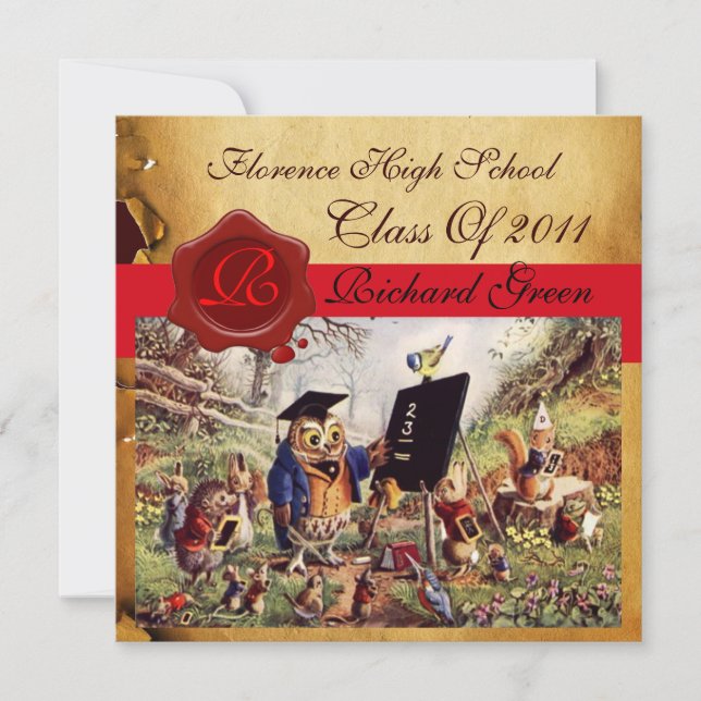 TEACHER OWL GRADUATION PARCHMENT WAX SEAL MONOGRAM INVITATION (Front)