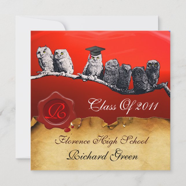 TEACHER OWL GRADUATION PARCHMENT WAX SEAL MONOGRAM INVITATION (Front)