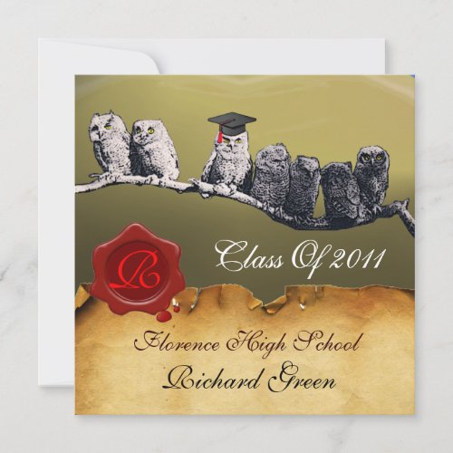 TEACHER OWL GRADUATION PARCHMENT WAX SEAL MONOGRAM INVITATION