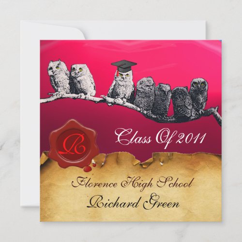 TEACHER OWL GRADUATION PARCHMENT WAX SEAL MONOGRAM INVITATION