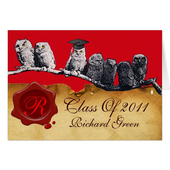 TEACHER OWLGRADUATION  PARCHMENT WAX SEAL MONOGRAM CARDS (Front Horizontal)