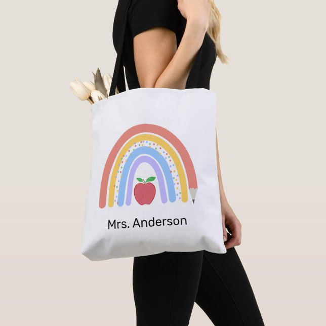 Teacher Pastel Colored Rainbow  Tote Bag (Close Up)