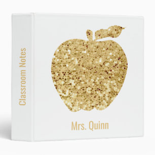 Teacher Personalized Faux Sequin Gold Apple Glam 3 Ring Binder