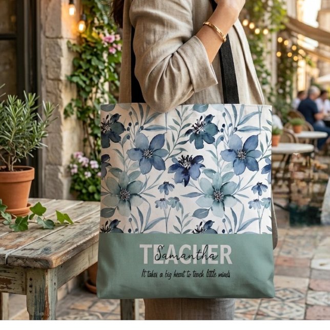 Teacher Personalized Name Phrase Tote Bag floral (Creator Uploaded)