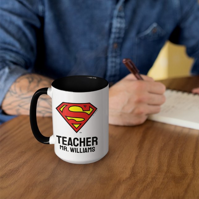 Teacher Personalized Superman Logo Mug (Mug on desk)