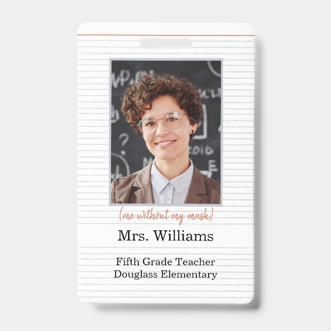 Teacher Photo ID Badge classroom, me without mask (Front)