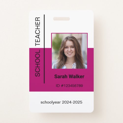 Teacher photo ID of employee or student dark pink Badge