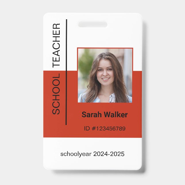 Teacher photo ID of employee or student terracotta Badge (Front)