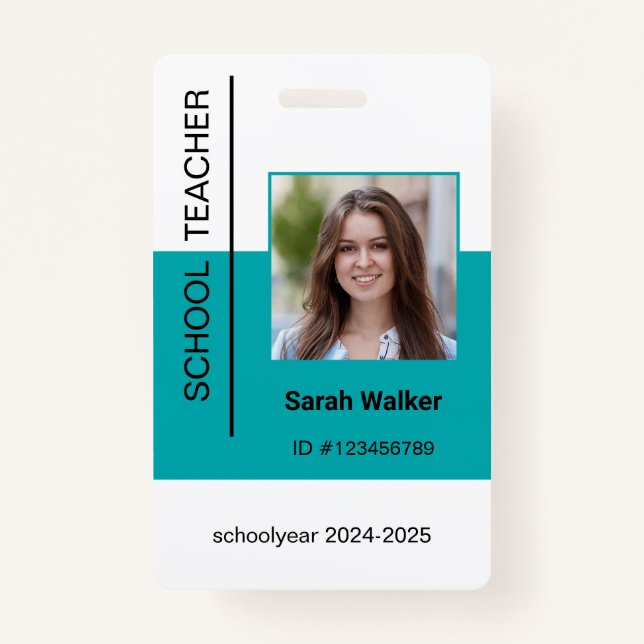 Teacher photo ID of employee or student turquoise Badge (Front)