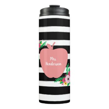 Teacher Pink Apple Black   White Stripe Floral Thermal Tumbler by thepinkschoolhouse at Zazzle